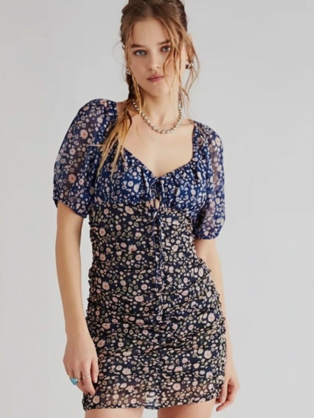 FREE PEOPLE Tessa blue floral gathered ruched mini dress size S